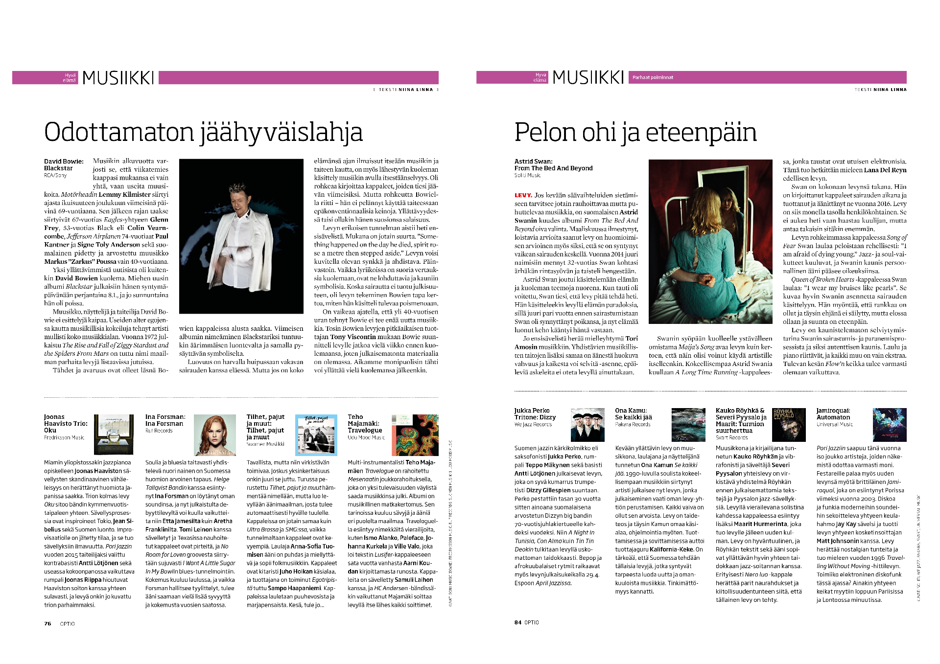 Lehtiaukeama, otsikot “Odottamaton jäähyväislahja” ja “Pelon ohi ja eteenpäin”, sekä kaksi muotokuva-artikkelikuvaa.
