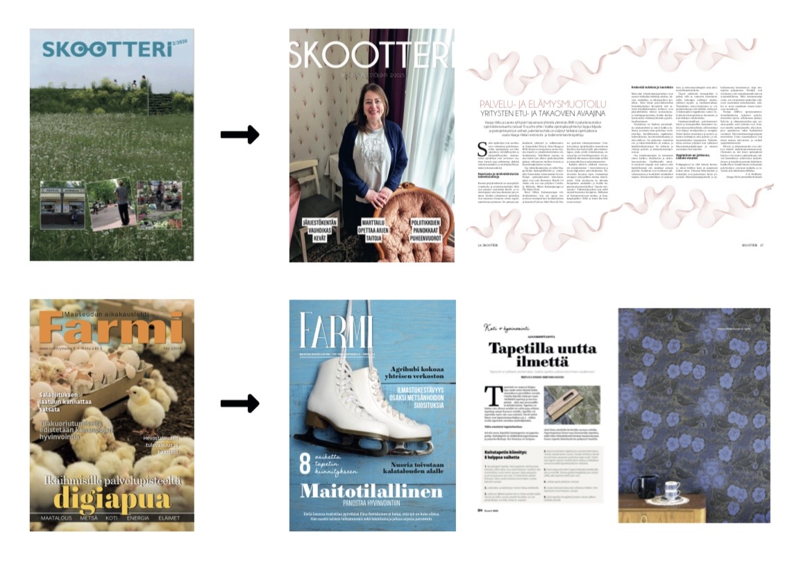 Kuvakollaasi lehtien kansista: SKOOTTERI, FARMI, mainoksia ja sininen kukkakuvioinen taustakuva.