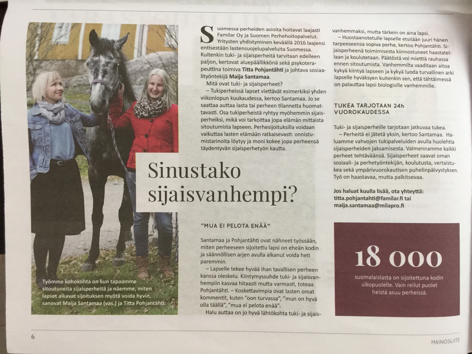 Lehtijuttu perhetyöstä: tekstiä ja valokuva hevosesta sekä lapsista, otsikkona “Sinustako sijaisvanhempi?”