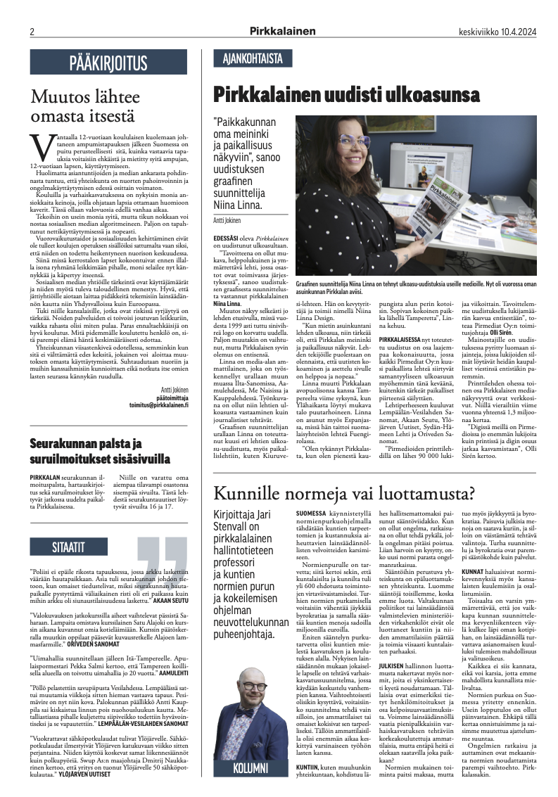 Sanomalehden etusivu, jossa otsikoita, valokuva toimistossa ja kolumniotsikkoja Pirkkalainen-lehdestä.